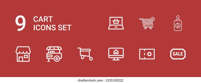 Editable 9 cart icons for web and mobile. Set of cart included icons line Sale, Coupon, Ecommerce, Wheelbarrow, Food stand, Shop, Baby feeder, Shopping cart on red background