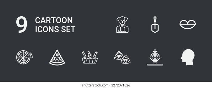 Editable 9 cartoon icons for web and mobile. Set of cartoon included icons line Think, Net, Zongzi, Ice cream, Pizza, Lips, Shovel, Clown on dark background