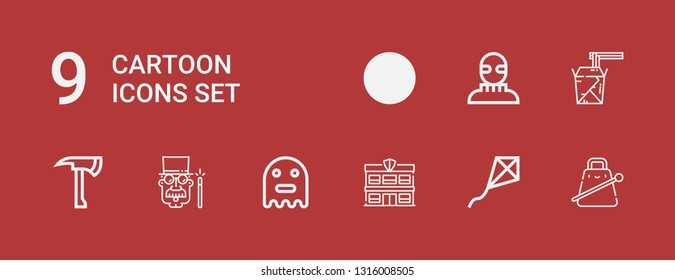 Editable 9 cartoon icons for web and mobile. Set of cartoon included icons line Cowbell, Kite, Police station, Ghost, Magician, Axe, Noodles, Burglar, Shovel on red background