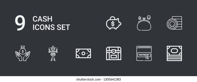 Editable 9 cash icons for web and mobile. Set of cash included icons line Money, Payment method, Chest, Bandit, Coin, Purse, Piggy bank on dark background