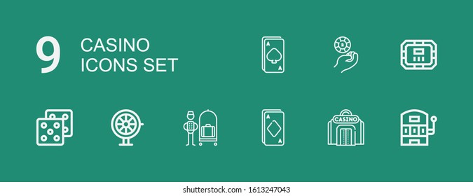 Editable 9 casino icons for web and mobile. Set of casino included icons line Slot machine, Casino, Ace, Bellhop, Roulette, Dice, Poker table, chip on green background