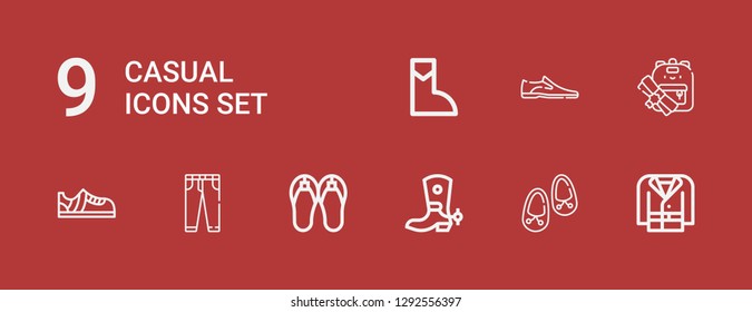 Editable 9 casual icons for web and mobile. Set of casual included icons line Coat, Shoes, Boot, Sandals, Jeans, Sneakers, Backpack on red background