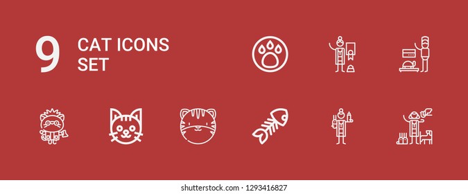 Editable 9 cat icons for web and mobile. Set of cat included icons line Veterinarian, Fish bone, Tiger, Cat, Kitty, Animal on red background