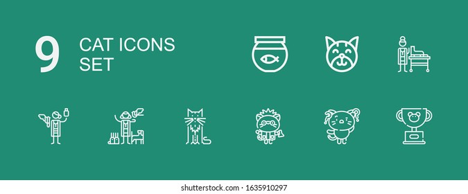 Editable 9 cat icons for web and mobile. Set of cat included icons line Pet, Kitty, Cat, Veterinarian, Fish bowl on green background