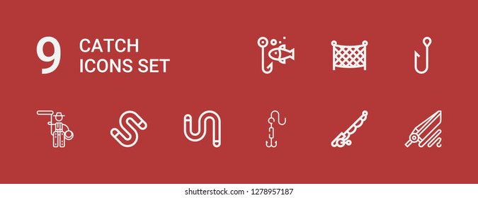 Editable 9 catch icons for web and mobile. Set of catch included icons line Fishing, Fishing rod, Hook, Worm, Lasso, Fishing net on red background