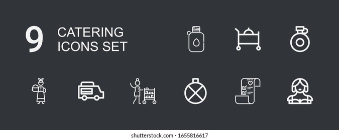 Editable 9 catering icons for web and mobile. Set of catering included icons line Waitress, Wedding plans, Canteen, Room service, Food truck, Servant on dark background