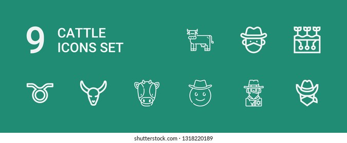 Editable 9 cattle icons for web and mobile. Set of cattle included icons line Cowboy, Cow, Bull skull, Taurus, Farming on green background