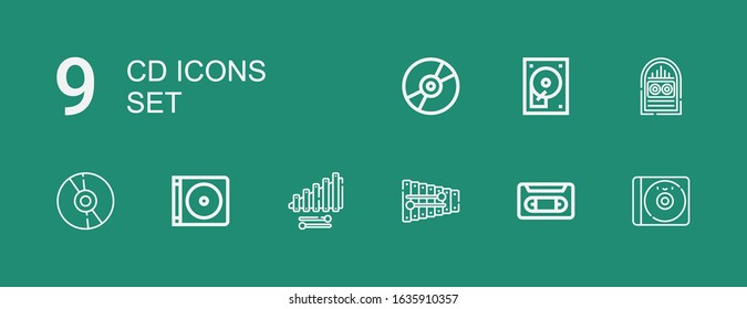 Editable 9 cd icons for web and mobile. Set of cd included icons line Cd, Vhs, Xylophone, Dvd, Jukebox, Hard disc, Compact disc on green background