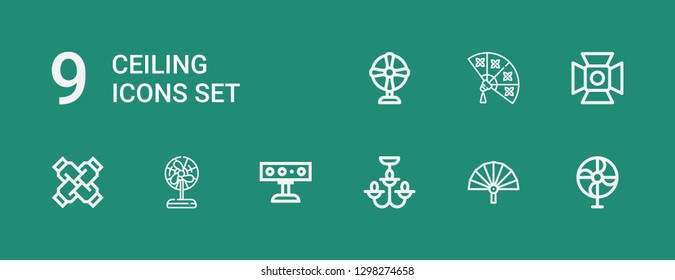 Editable 9 ceiling icons for web and mobile. Set of ceiling included icons line Fan, Chandelier, Spotlight, United on green background