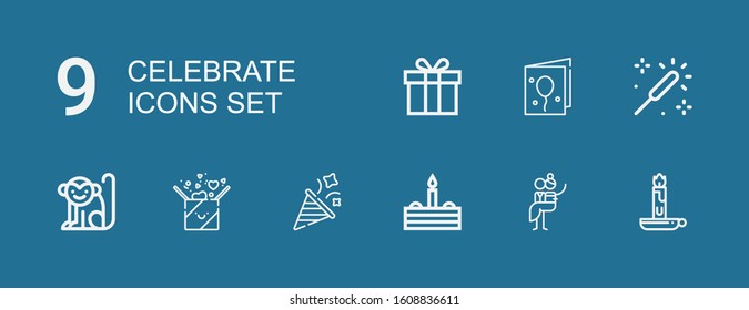 Editable 9 celebrate icons for web and mobile. Set of celebrate included icons line Candle, Newlyweds, Cake, Party, Gift, Monkey, Sparkle, Birthday card on blue background