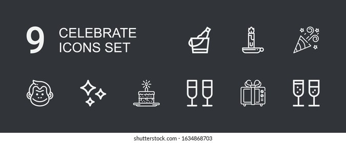 Editable 9 celebrate icons for web and mobile. Set of celebrate included icons line Champagne, Gift, Cake, Shines, Monkey, Party, Candle, Ice bucket on dark background