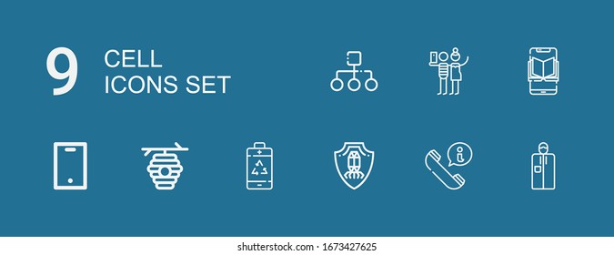 Editable 9 cell icons for web and mobile. Set of cell included icons line Portable, Call, Virus, Battery, Beehive, Mobile, Smartphone, Selfie, Structure on blue background