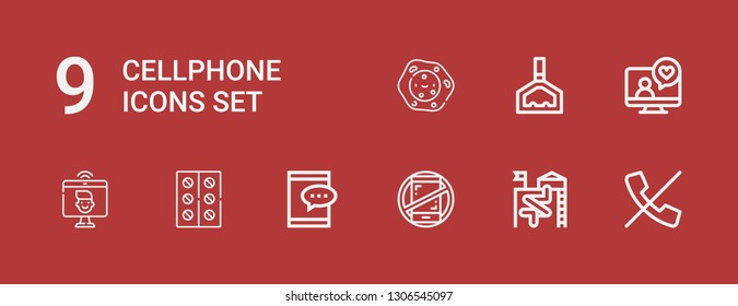 Editable 9 cellphone icons for web and mobile. Set of cellphone included icons line No calls, Slide, No phones, Ipad, Tablets, Videocall, Holder, Cell on red background