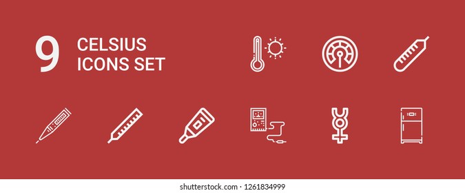 Editable 9 celsius icons for web and mobile. Set of celsius included icons line Refrigerator, Mercury, Thermometer on red background