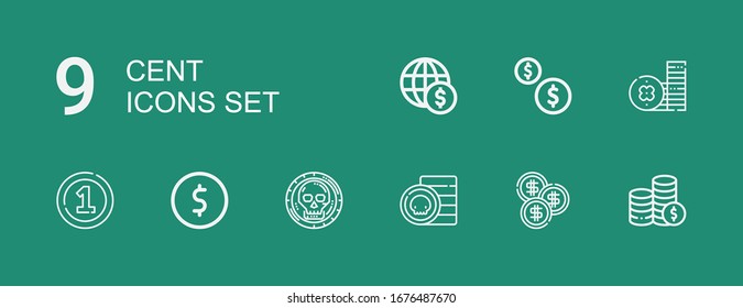 Editable 9 cent icons for web and mobile. Set of cent included icons line Coins, Coin on green background