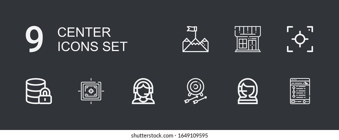 Editable 9 center icons for web and mobile. Set of center line icons including: Tracking, Call center, Archery, Customer support, Target, Hosting, Focus, Shop on dark background