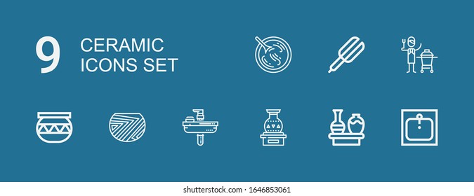 Editable 9 iconos de cerámica para web y móvil. Conjunto de cerámica incluido iconos línea Sink, Vase, cerámica, cerámica, alisador de pelo, sopa agria sobre fondo azul