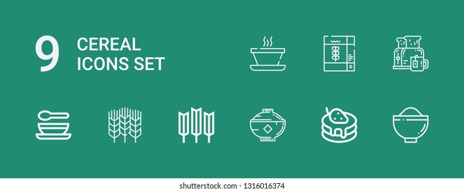 Editable 9 cereal icons for web and mobile. Set of cereal included icons line Bowl, Pancake, Wheat, Soup, Breakfast, Cereal on green background