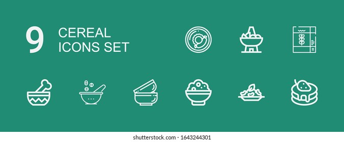 Editable 9 cereal icons for web and mobile. Set of cereal included icons line Pancake, Rice, Bowls, Bowl, Cereal, Breakfast on green background