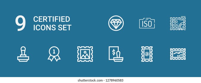 Editable 9 certified icons for web and mobile. Set of certified included icons line Stamp, Quality, Iso on blue background