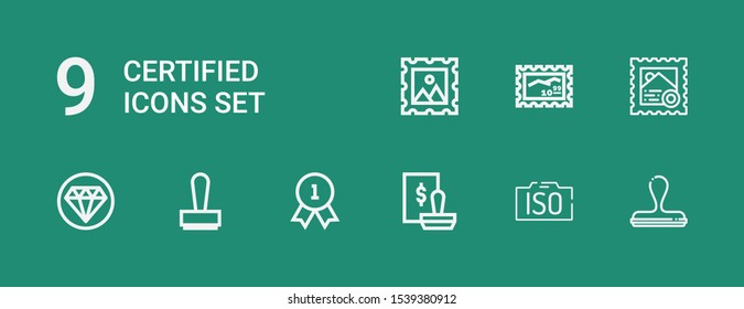 Editable 9 certified icons for web and mobile. Set of certified included icons line Stamp, Iso, Quality on green background