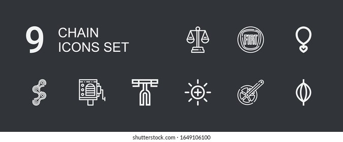 Editable 9 chain icons for web and mobile. Set of chain included icons line Punching bag, Chain, Balance, Handlebar, Barrel organ, Necklace, Fiat on dark background