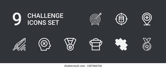Editable 9 challenge icons for web and mobile. Set of challenge included icons line Medal, Puzzle, Bucket, Failure, Fishing, Target on dark background