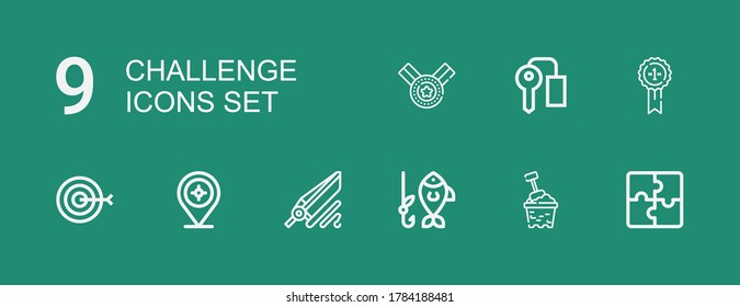 Editable 9 challenge icons for web and mobile. Set of challenge included icons line Puzzle, Bucket, Fishing, Target, Medal, Key room on green background