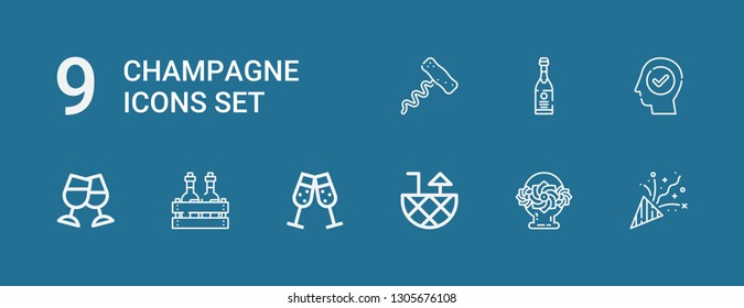 Editable 9 champagne icons for web and mobile. Set of champagne included icons line Confetti, Flower basket, Cocktail, Champagne, Alcoholic drink, Toast, Success on blue background