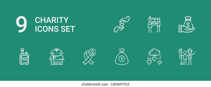 Editable 9 charity icons for web and mobile. Set of charity included icons line Blood donation, Charity, Money bag, Clothes donation, Hope on green background