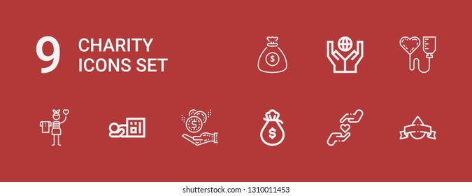Editable 9 charity icons for web and mobile. Set of charity included icons line Blood donation, Charity, Money bag, Donation, Homeless on red background