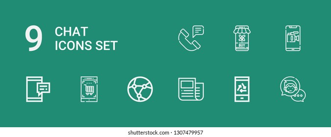 Editable 9 chat icons for web and mobile. Set of chat included icons line Chat bubble, Mobile, News, Network, Smartphone, Shopping online, Phone on green background
