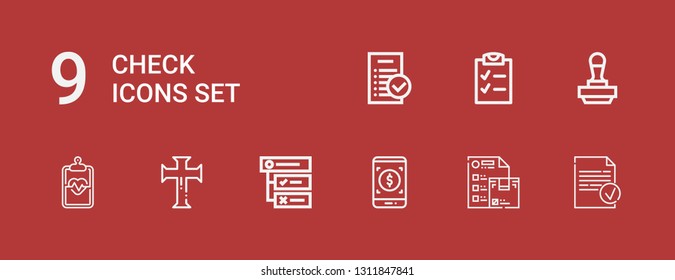 Editable 9 check icons for web and mobile. Set of check included icons line Done, Wishlist, Payment method, Tasks, Cross, Clipboard, Stamp, Checklist on red background