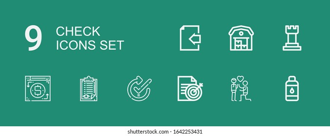 Editable 9 check icons for web and mobile. Set of check included icons line Contact lens, Proposal, Document, Check, Clipboard, Payment method, Chess, Warehouse on green background