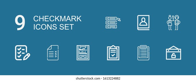 Editable 9 checkmark icons for web and mobile. Set of checkmark included icons line Event, List, Clipboard, Test, Check in, Agenda on blue background