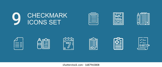 Editable 9 checkmark icons for web and mobile. Set of checkmark included icons line List, Clipboard, Events, Check list, Test on blue background