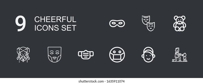 Editable 9 cheerful icons for web and mobile. Set of cheerful included icons line Fatherhood, Girl, Mask, Teddy bear on dark background