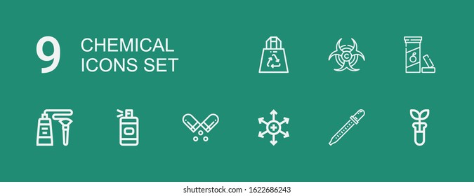 Editable 9 chemical icons for web and mobile. Set of chemical included icons line Test tube, Pipette, Positive ion, Pill, Spray bottle, Tube, Vitamin c, Biohazard on green background