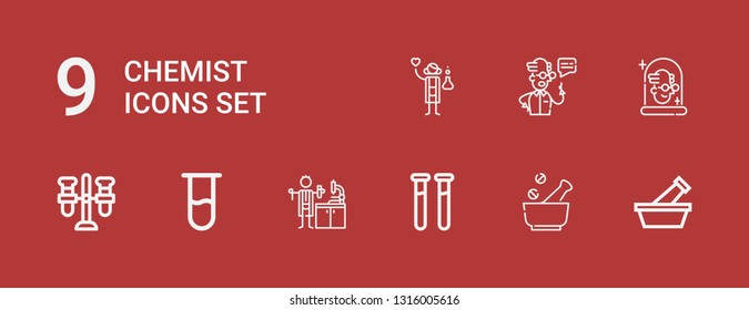 Editable 9 chemist icons for web and mobile. Set of chemist included icons line Mortar, Test tubes, Lab technician, Test tube, Scientist on red background