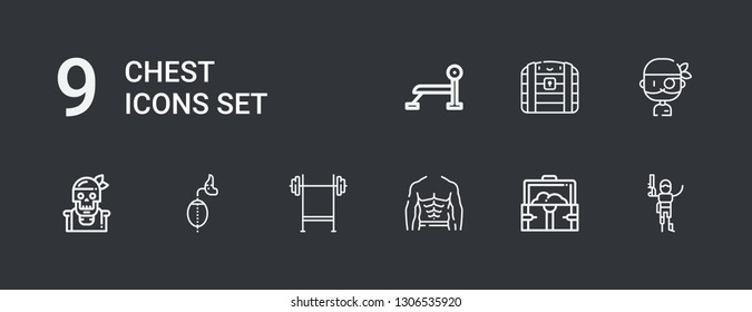 Editable 9 chest icons for web and mobile. Set of chest included icons line Pirate, Treasure, Abs, Bench press, Breathing, Chest on dark background