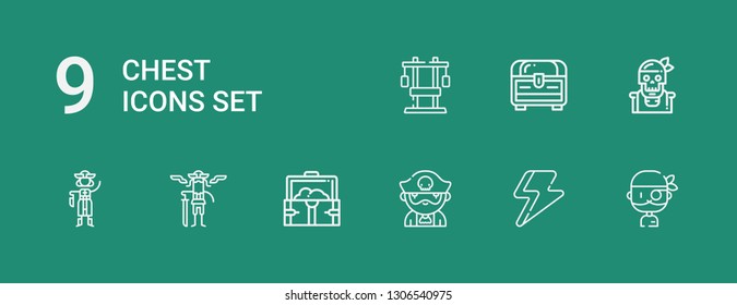 Editable 9 chest icons for web and mobile. Set of chest included icons line Pirate, Ray, Treasure, Pirates, Chest on green background