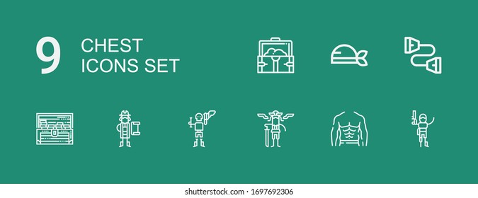 Editable 9 iconos de pecho para web y móvil. Conjunto de iconos de pecho incluidos línea Pirate, Abs, Pirates, Treasure, Chest expander sobre fondo verde