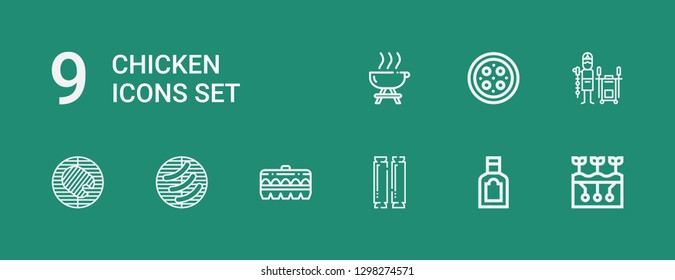 Editable 9 chicken icons for web and mobile. Set of chicken included icons line Farming, Food, Sausage, Egg, Barbecue, Tandoor, Pizza on green background