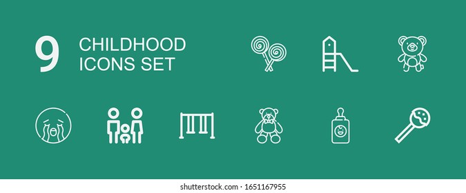 Editable 9 childhood icons for web and mobile. Set of childhood included icons line Lollipop, Baby feeder, Bear, Swing, Family, Crying, Playground on green background