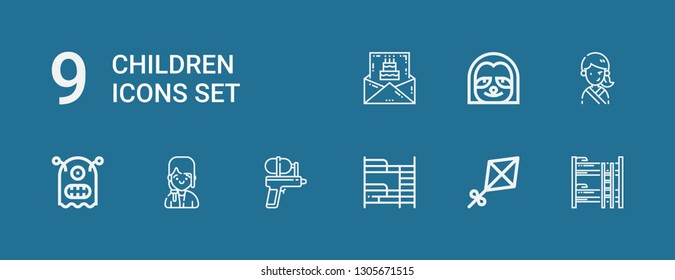 Editable 9 children icons for web and mobile. Set of children included icons line Bunk bed, Kite, Water gun, Girl, Monster, Sloth, Birthday invitation on blue background