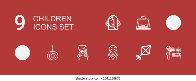 Editable 9 children icons for web and mobile. Set of children included icons line Water gun, Kite, Girl, Swing on red background