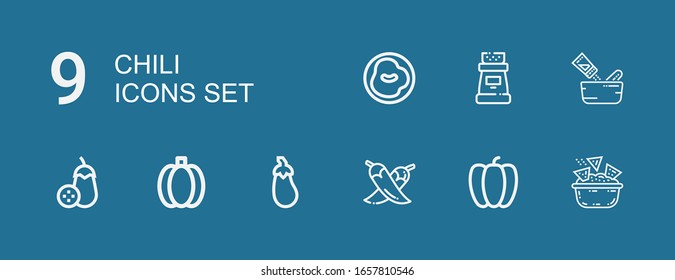 Editable 9 chili icons for web and mobile. Set of chili included icons line Nachos, Pepper, Chili, Aubergine, Green pepper, Seasoning on blue background