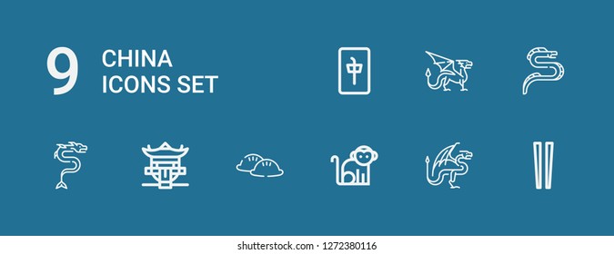 Editable 9 china icons for web and mobile. Set of china included icons line Chopsticks, Dragon, Monkey, Dumpling, Pagoda, Mahjong on blue background