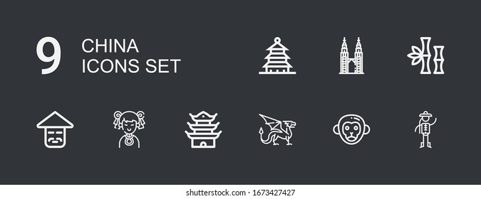Editable 9 china icons for web and mobile. Set of china included icons line Chinese, Monkey, Dragon, Pagoda, Bamboo, Petronas on dark background