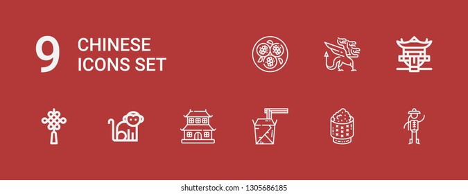 Editable 9 chinese icons for web and mobile. Set of chinese included icons line Chinese, Rice, Noodles, Dojo, Monkey, knot, Pagoda, Dragon, Tofu on red background